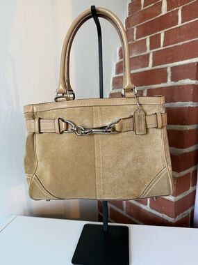 Coach Suede Hampton Carryall Tote Tan Leather Trim Horsebit Satchel Bag